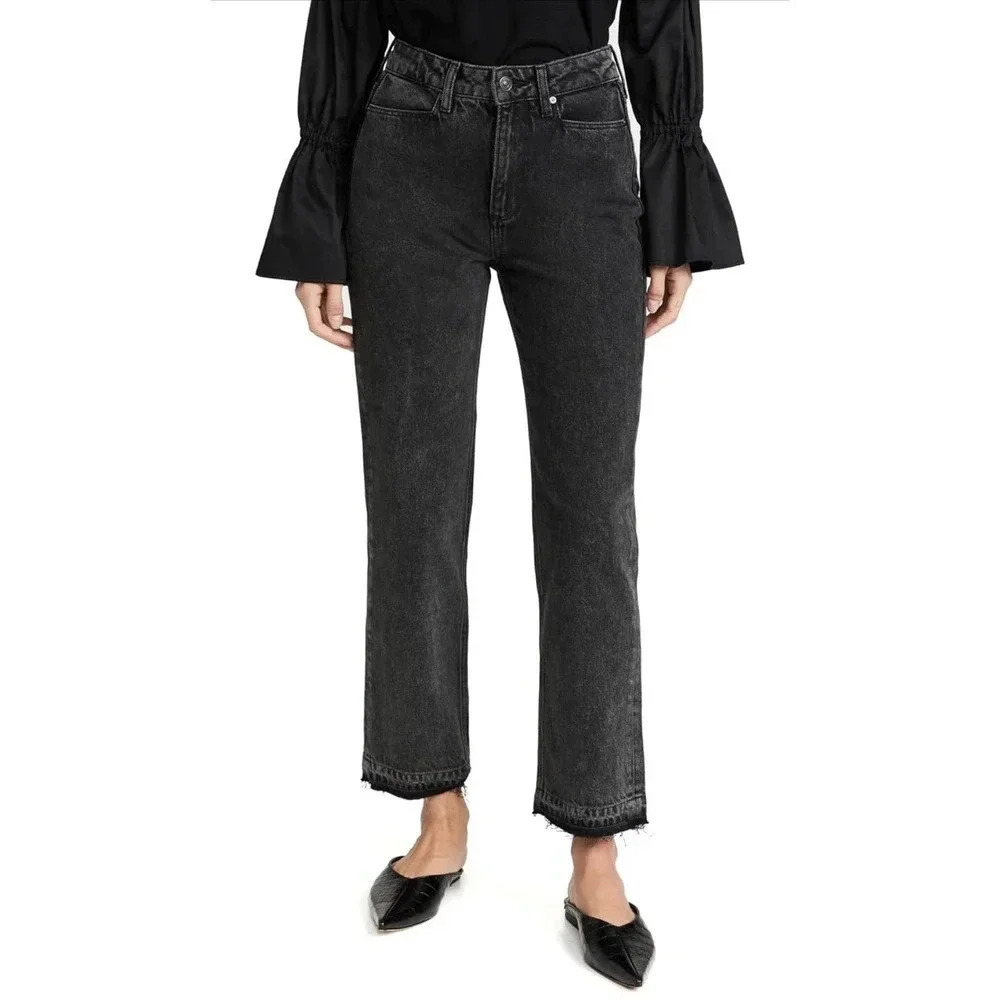 NWT $229 Paige Sarah Straight Ankle Black Denim Jean - Distressed Frayed Hem